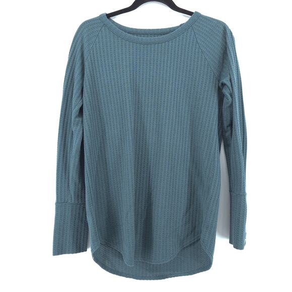 Chaser Essential Waffle Knit Medium Teal Long Sleeve Wide Button Cuff Pullover - Picture 1 of 9